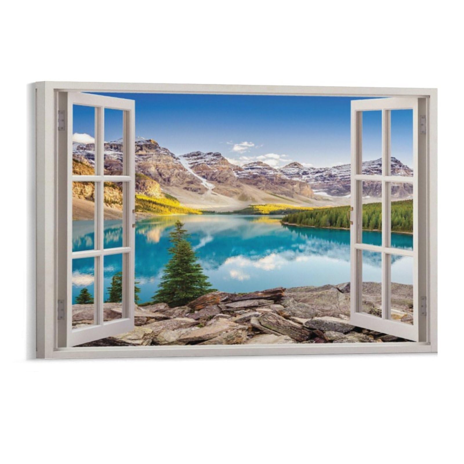 油彩画 山と湖の風景 金色フレーム付き Amazon.co.jp: 絵画 窓の外の山々の湖の景色インテリア 絵画 魅惑的な